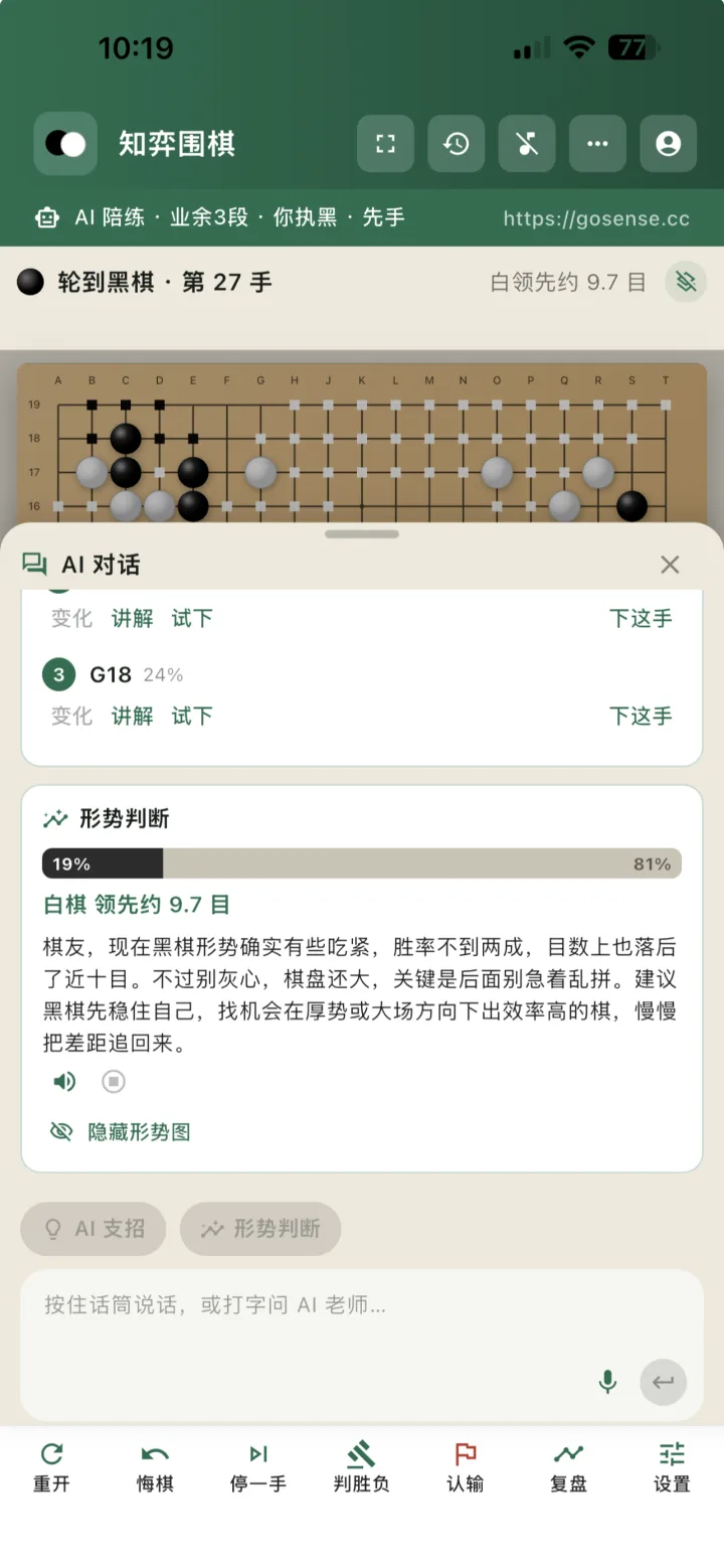 iPhone 形势判断：胜率条、领先目数与文字讲解